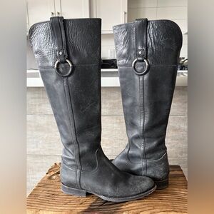 Frye Black Leather Knee-High Riding Boots with Ring Detail